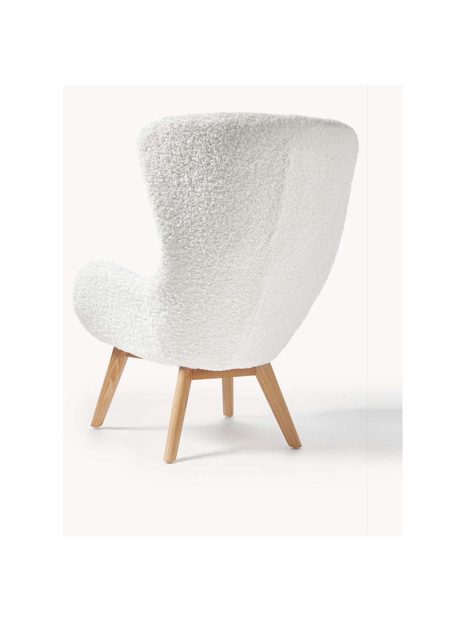 Fauteuil à oreilles en peluche pieds en bois Wing, Revêtement : blanc crème Pieds : bois de frêne, larg. 77 x prof. 89 cm