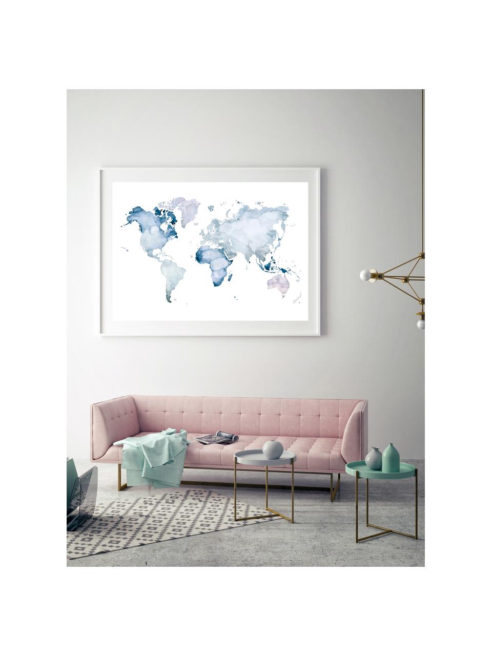 Poster World Map, Stampa digitale su carta, 200 g/m², Blu, bianco, Larg. 30 x Alt. 21 cm