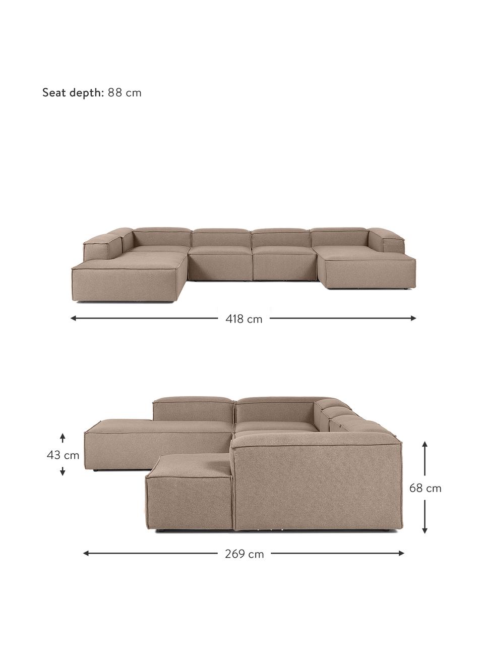 Canapé lounge modulable Lennon, Tissu brun, larg. 418 x prof. 68 cm, méridienne à gauche