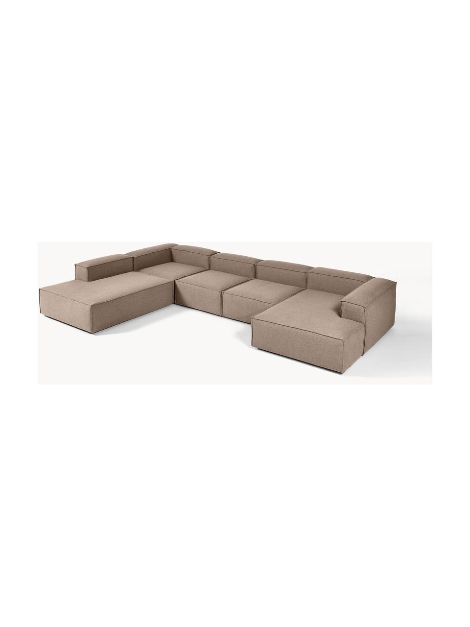 Canapé lounge modulable Lennon, Tissu taupe, larg. 418 x prof. 269 cm, méridienne à gauche