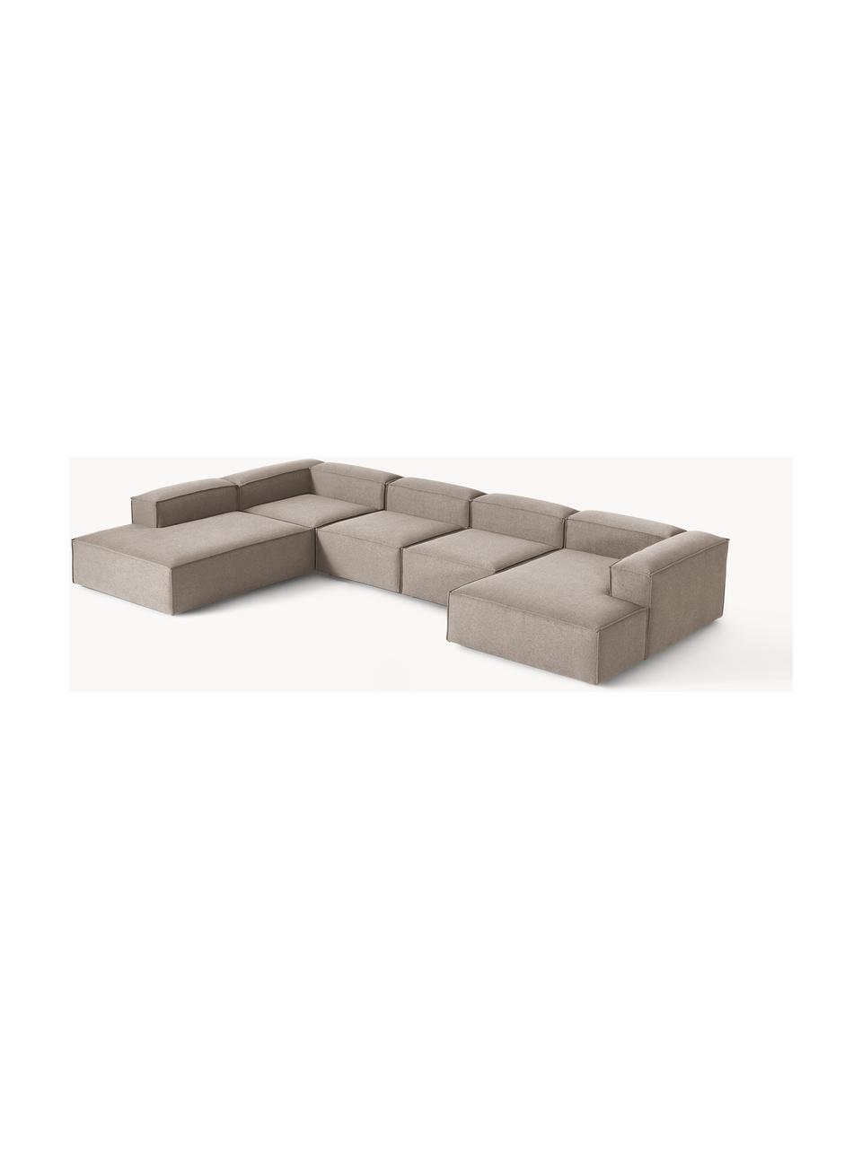 Divano angolare componibile Lennon, Rivestimento: 100% poliestere Con 115.0, Struttura: legno di pino massiccio, , Tessuto taupe, Larg. 418 x Prof. 269 cm, chaise lounge a sinistra