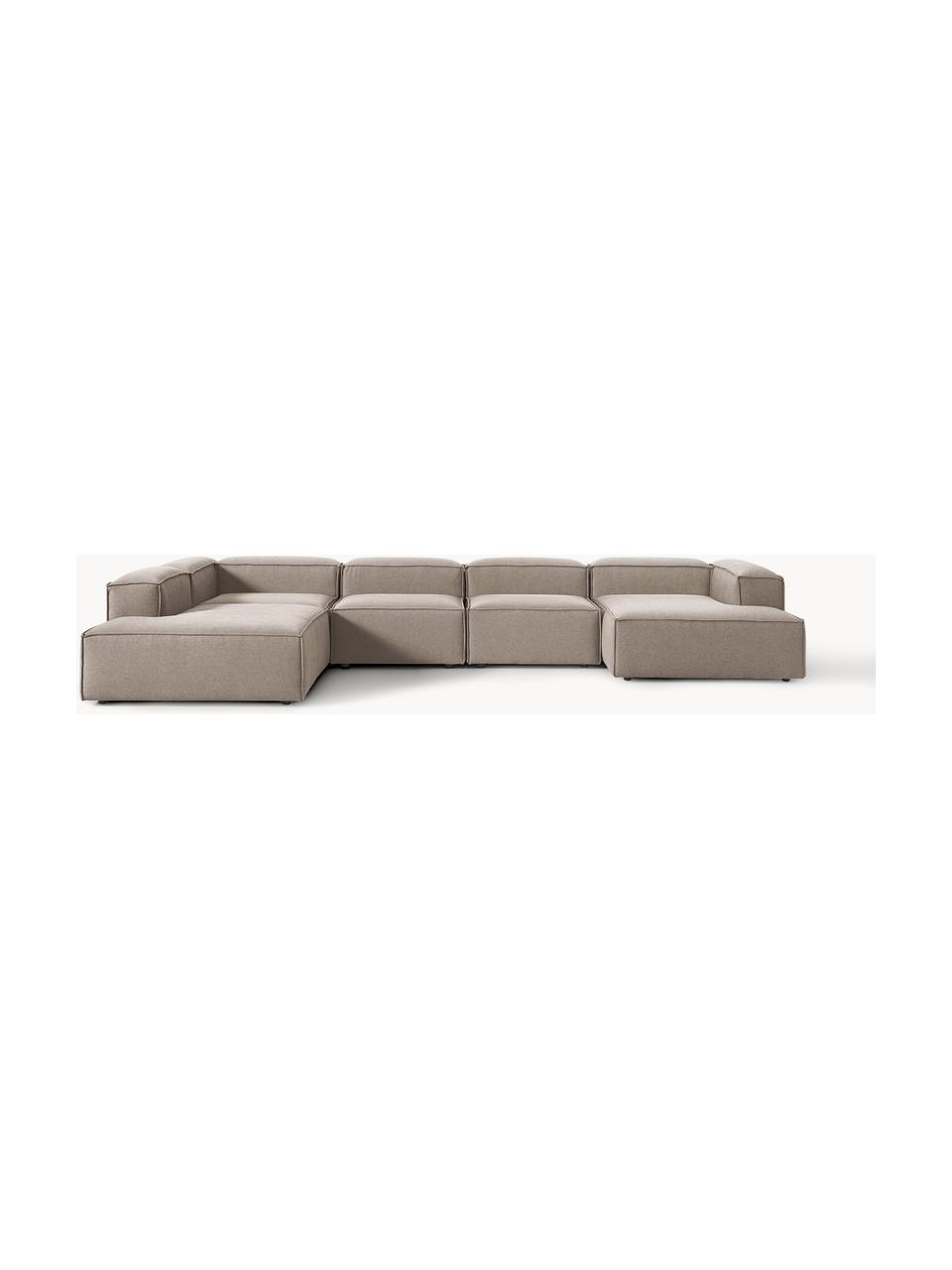 Canapé lounge modulable Lennon, Tissu taupe, larg. 418 x prof. 269 cm, méridienne à gauche
