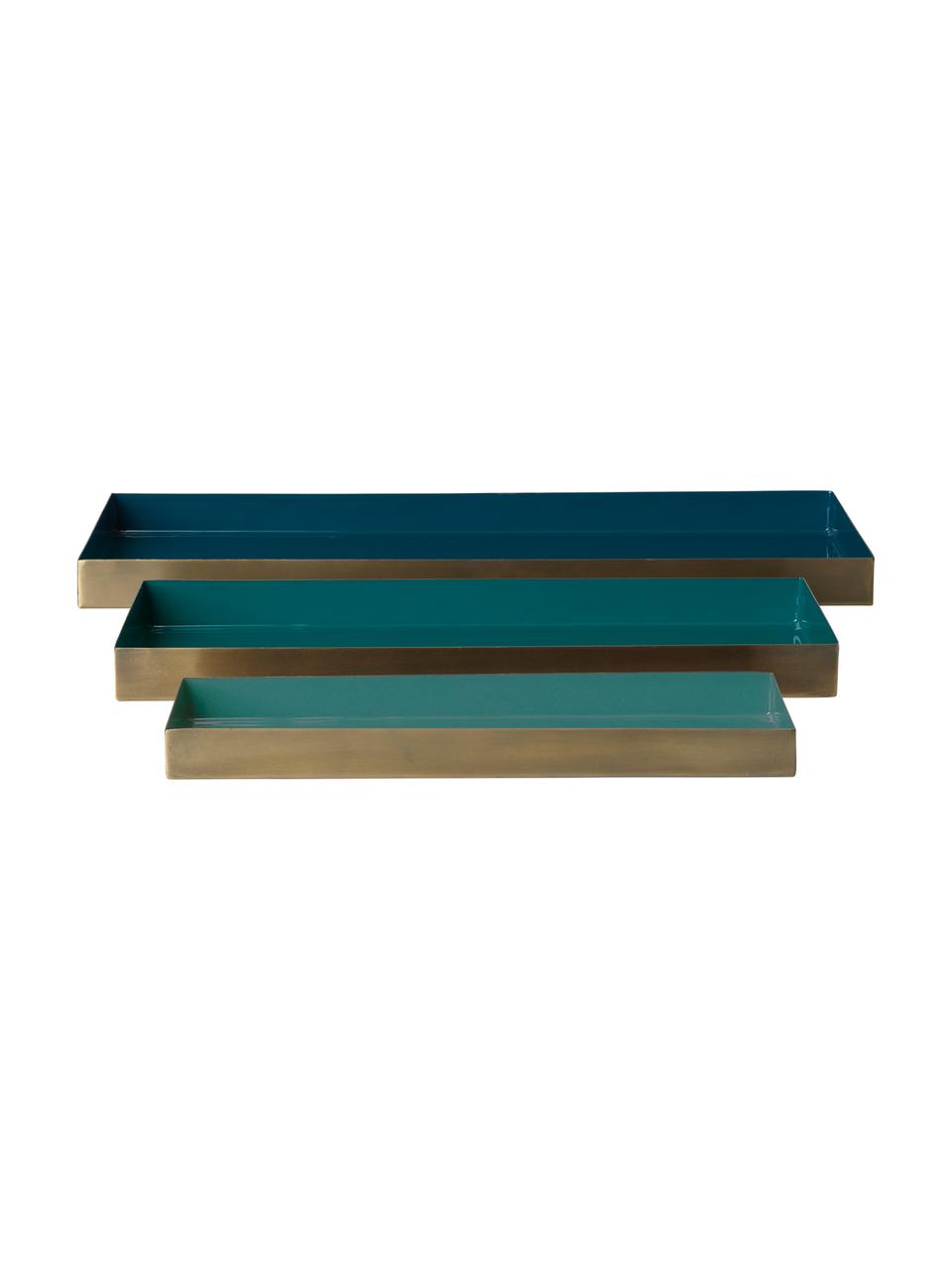 Decoratieve dienbladenset Platter, 3-delig, Gelakt metaal, Binnenzijde: glanzende petrol inten. Buitenzijde: mat goudkleurig, Set met verschillende formaten