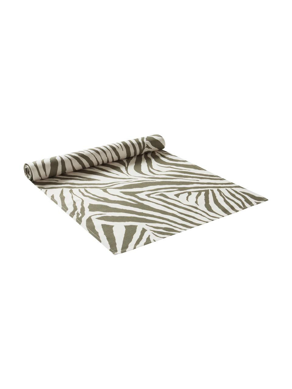 Runner in cotone biologico con motivo zebra Zadie, 100% cotone, Verde oliva, bianco crema, Larg. 40 x Lung. 140 cm