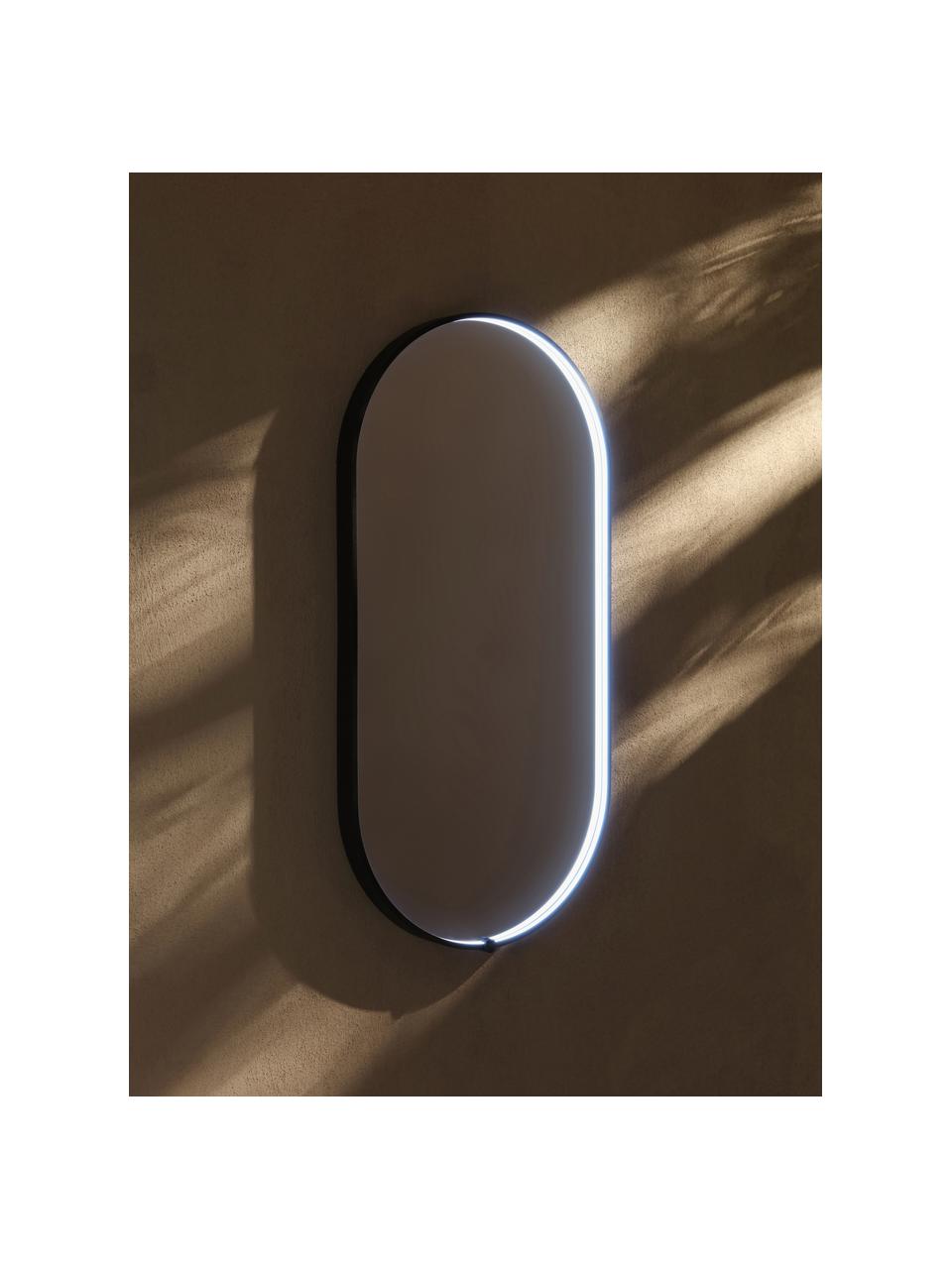 Specchio ovale da parete con illuminazione a LED Avior, Cornice: alluminio rivestito, Superficie dello specchio: vetro a specchio, Nero, Larg. 45 x Alt. 90 cm