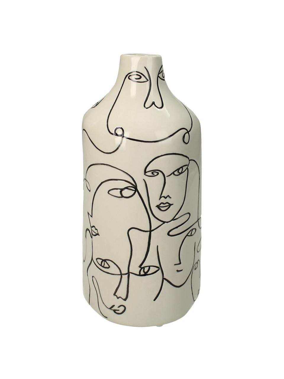 Vase design Faces, Grès cérame, Blanc cassé, noir, Ø 13 x haut. 28 cm