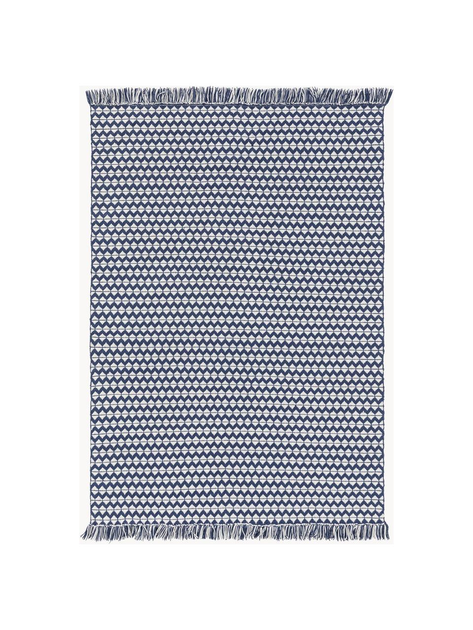 Tapis d'extérieur à franges Morty, 100 % polyester (PET recyclé), Bleu foncé, blanc cassé, larg. 80 x long. 150 cm (taille XS)
