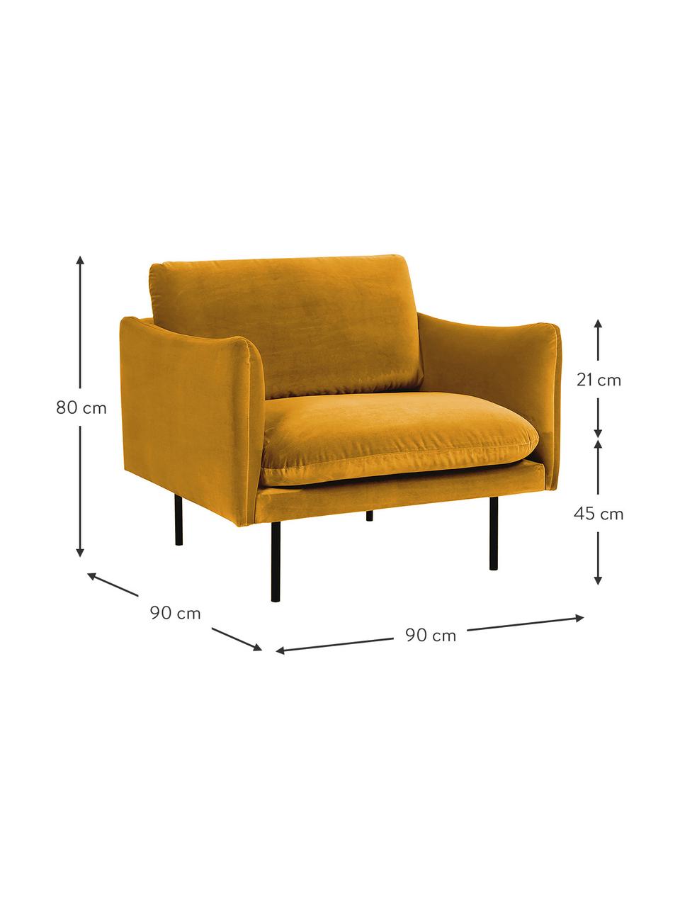 Poltrona in velluto con piedini in metallo Moby, Rivestimento: velluto (rivestimento in , Struttura: legno di pino massiccio, , Piedini: metallo verniciato a polv, Velluto giallo senape, Larg. 90 x Prof. 90 cm