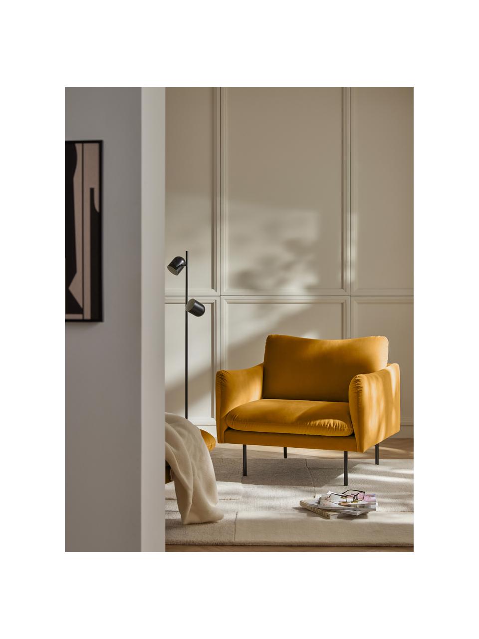 Fluwelen fauteuil Moby, Bekleding: fluweel (hoogwaardig poly, Frame: massief grenenhout, Poten: gepoedercoat metaal Dit p, Fluweel mosterdgeel, B 90 x D 90 cm