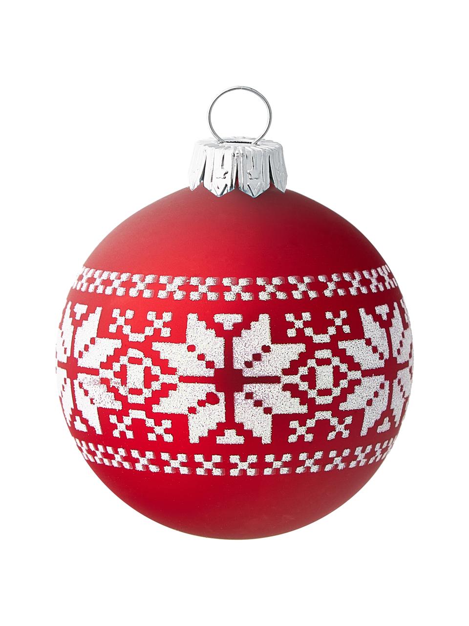 Boules de Noël soufflées bouche Nordic Ø 8 cm, 6 pièces, Verre, Rouge, couleur argentée, Ø 8 cm