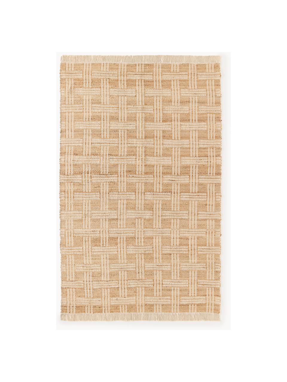 Handgewebter Teppich Almir mit Fransen, 70 % Jute, 30 % Baumwolle, Hellbraun, Cremeweiß, B 120 x L 180 cm (Größe S)