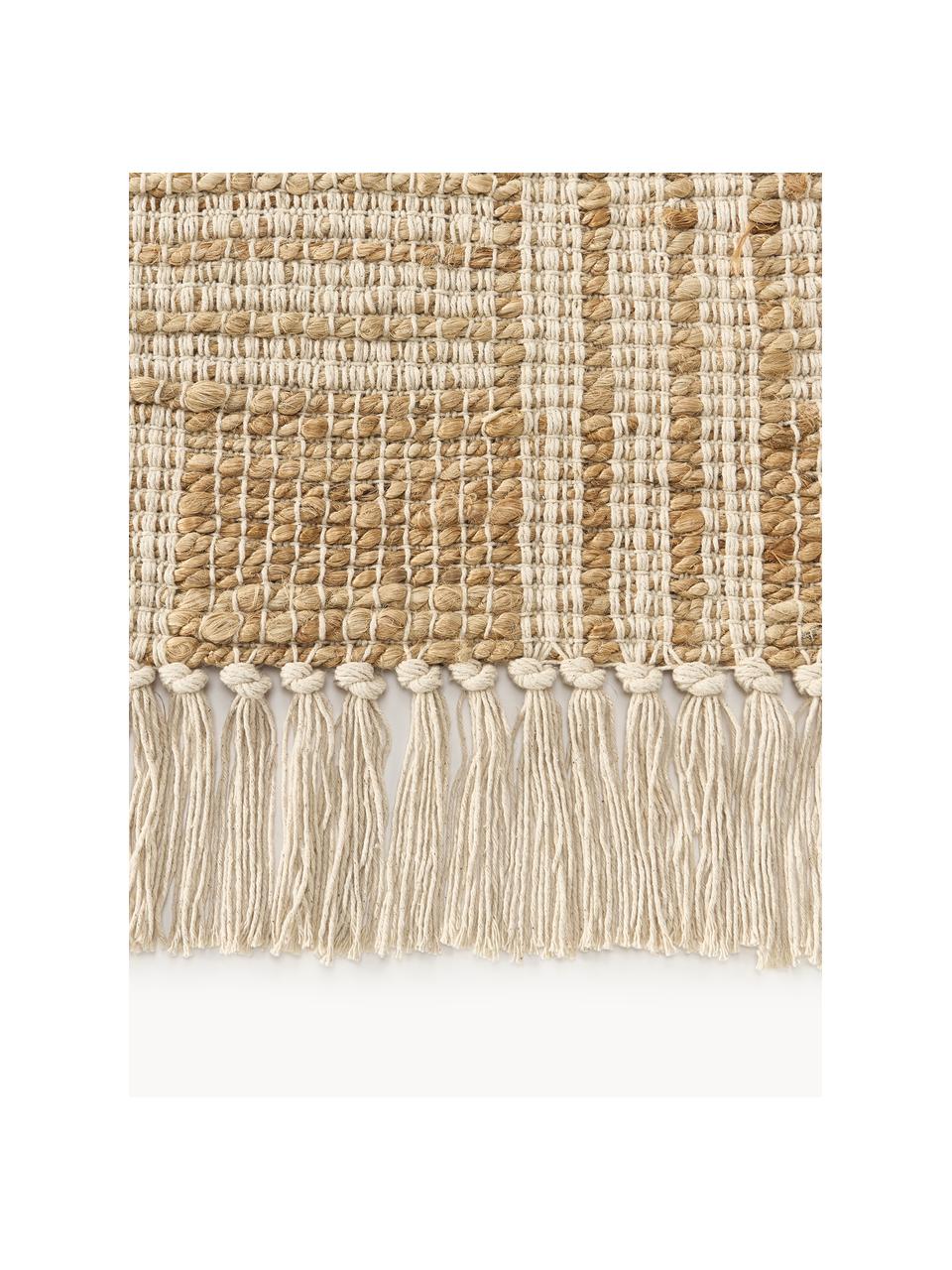 Handgewebter Teppich Almir mit Fransen, 70 % Jute, 30 % Baumwolle, Hellbraun, Cremeweiß, B 120 x L 180 cm (Größe S)