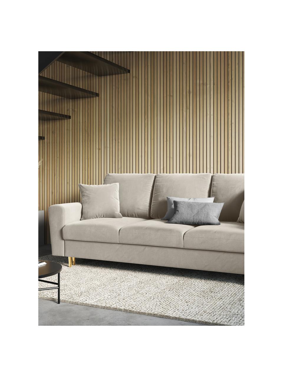 Divano letto 3 posti in velluto beige con contenitore Moghan, Rivestimento: 100% velluto di poliester, Struttura: legno di pino massiccio, , Piedini: metallo rivestito, Velluto beige, dorato, Larg. 235 x Prof. 100 cm