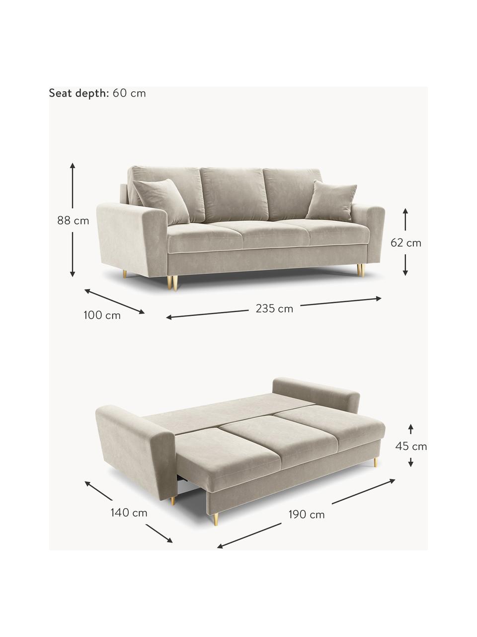 Sofa rozkładana z aksamitu z miejscem do przechowywania Moghan (3-osobowa), Tapicerka: 100% aksamit poliestrowy , Stelaż: lite drewno sosnowe, płyt, Nogi: metal powlekany, Beżowy aksamit, odcienie złotego, S 235 x G 100 cm