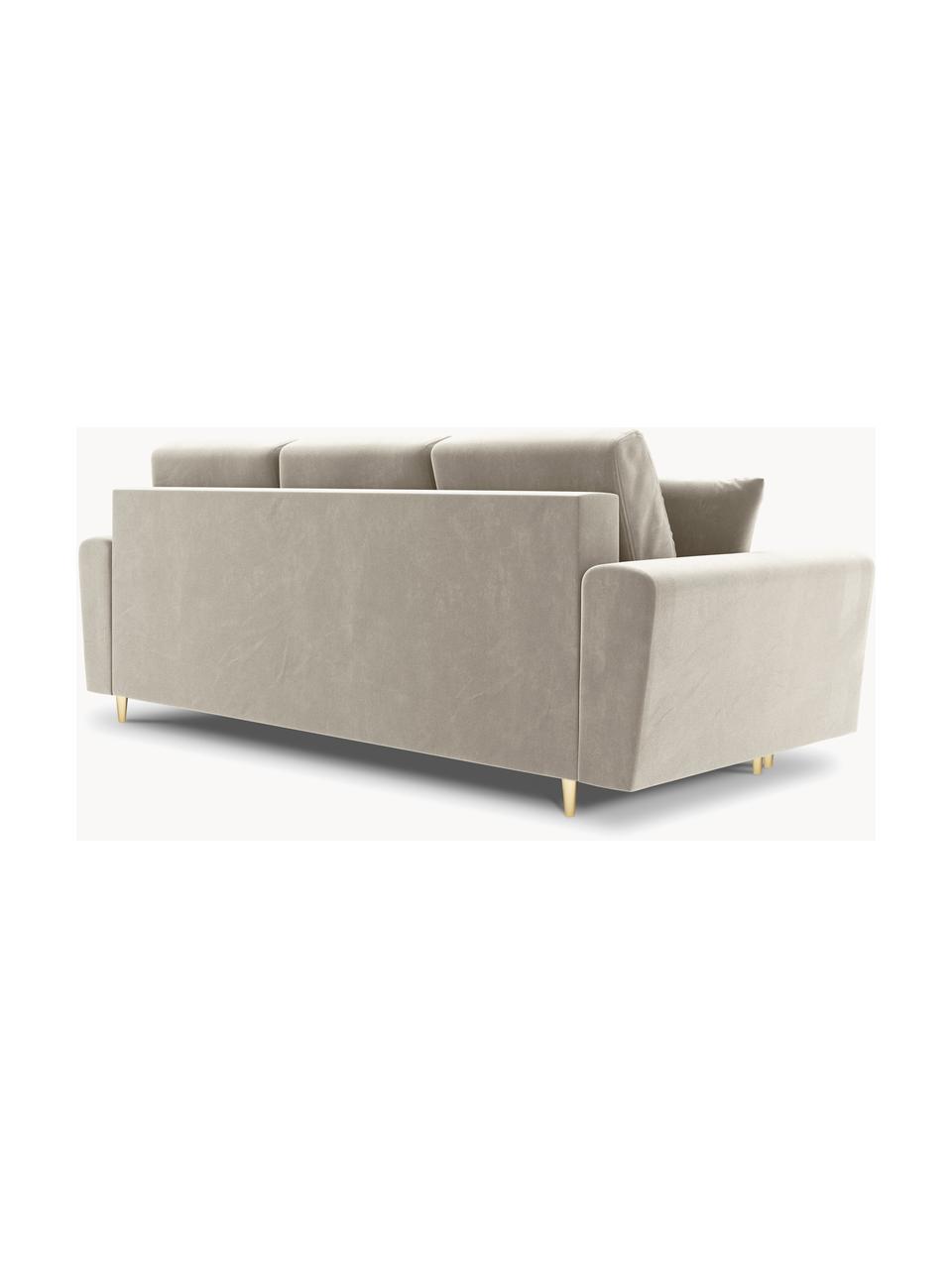 Sofá cama de terciopelo Moghan (3 plazas), con espacio de almacenamiento, Tapizado: 100% terciopelo de poliés, Estructura: madera de pino maciza, ag, Patas: metal revestido, Terciopelo beige, patas dorado, An 235 x F 100 cm