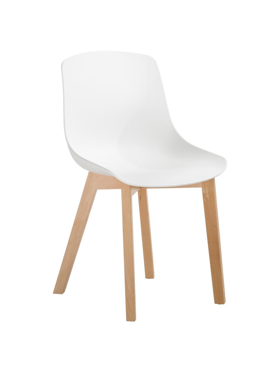 Kunststoffstühle Dave mit Holzbeinen, 2 Stück, Sitzschale: Kunststoff, Beine: Buchenholz, Weiß, Buchenholz, B 46 x T 52 cm