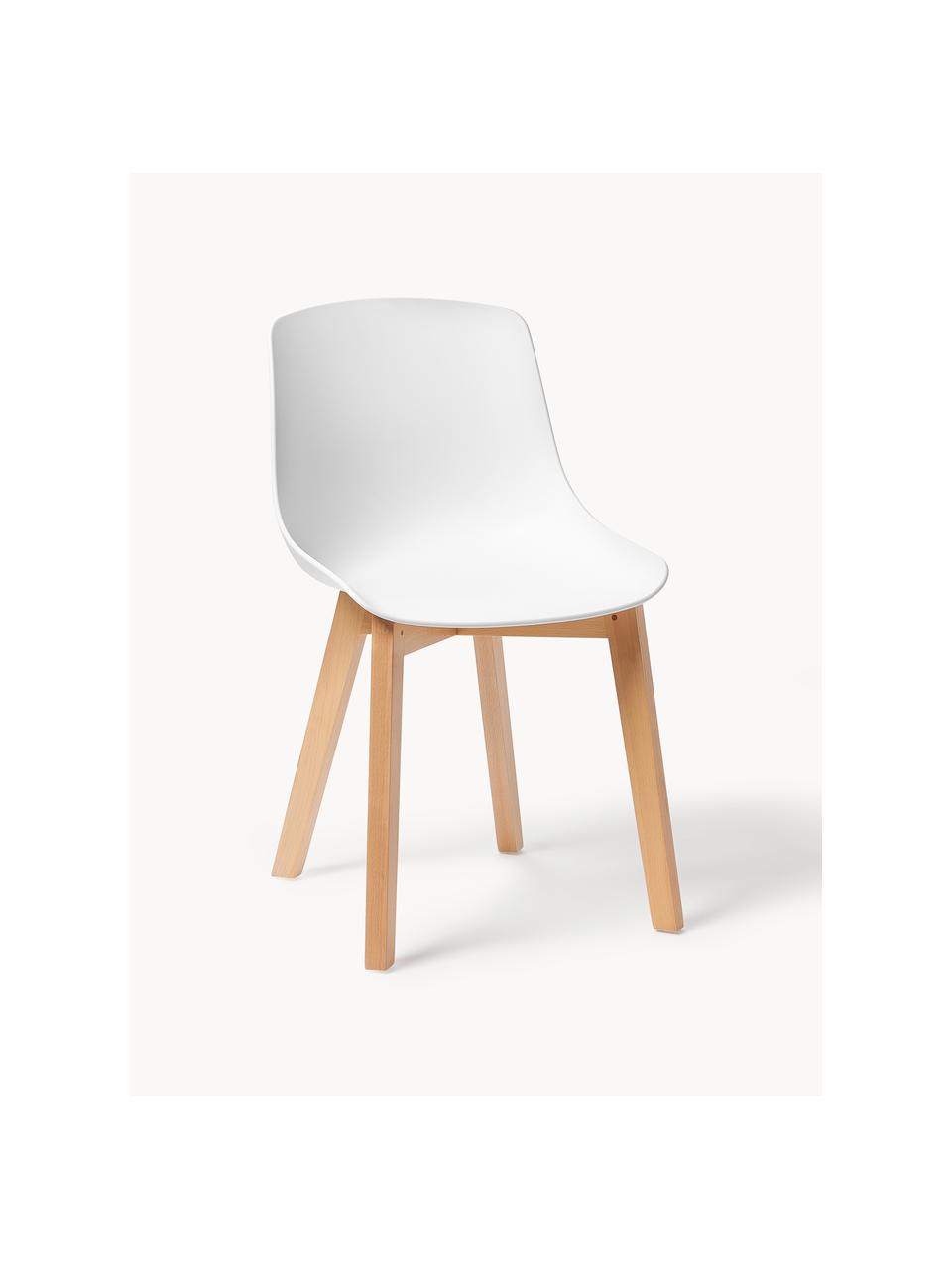 Kunststoffen stoelen Dave met houten poten, 2 stuks, Zitvlak: kunststof, Poten: beukenhout, Wit, beukenhout, B 46 x D 52 cm