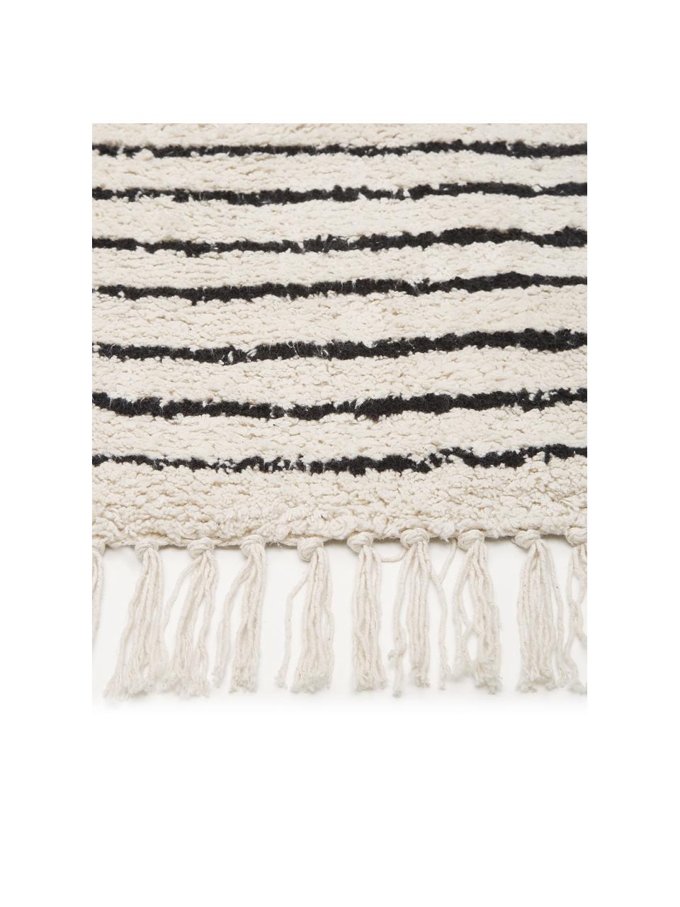 Alfombra artesanal de algodón con flecos Fini, estilo boho, 100% algodón, Beige, negro, An 120 x L 180 cm (Tamaño S)
