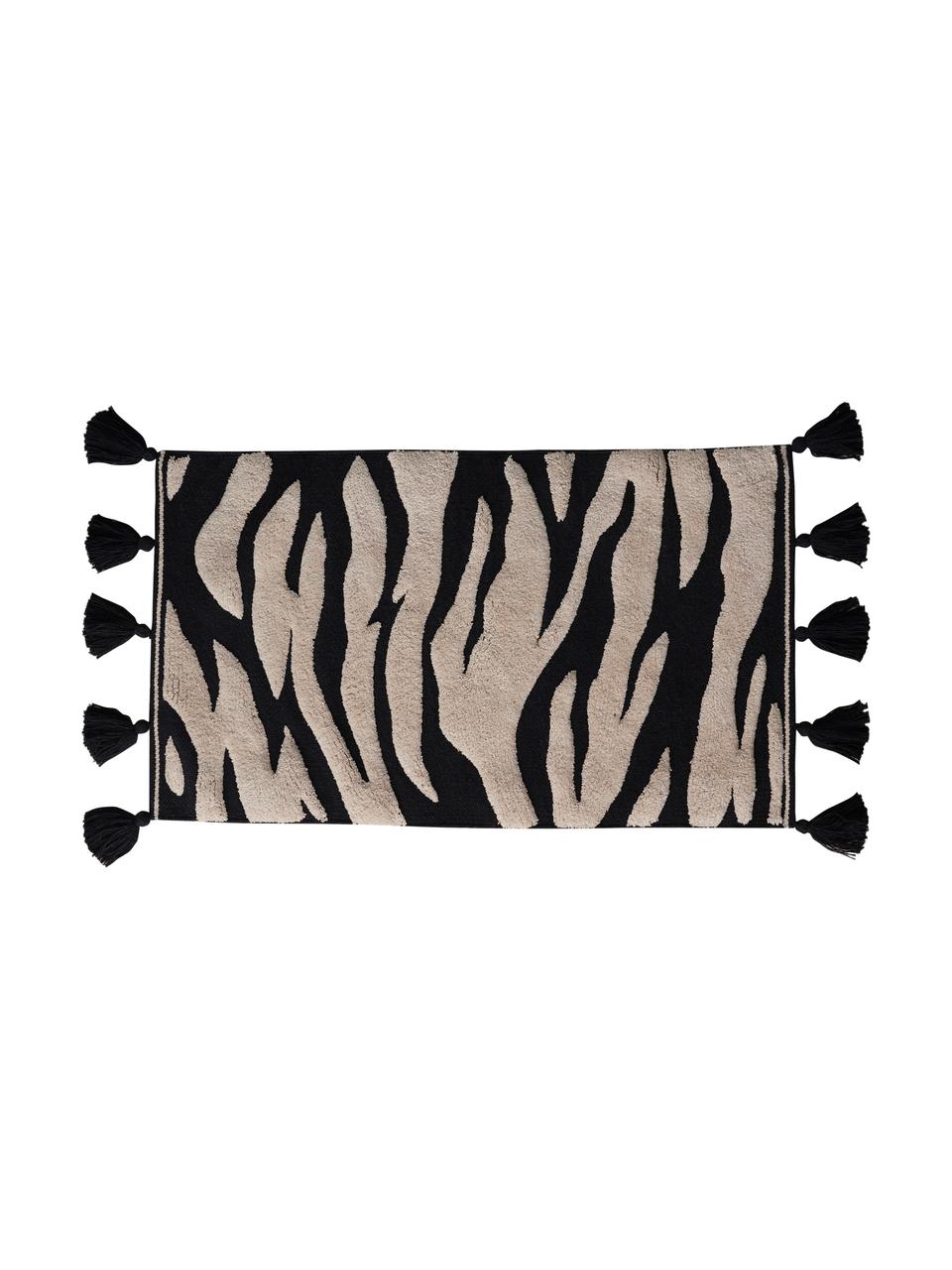 Badmat Lovely met zebra patroon en kwastjes, 100% katoen, Oeko-Tex®-gecertificeerd, Crèmewit, zwart, B 50 x L 80 cm