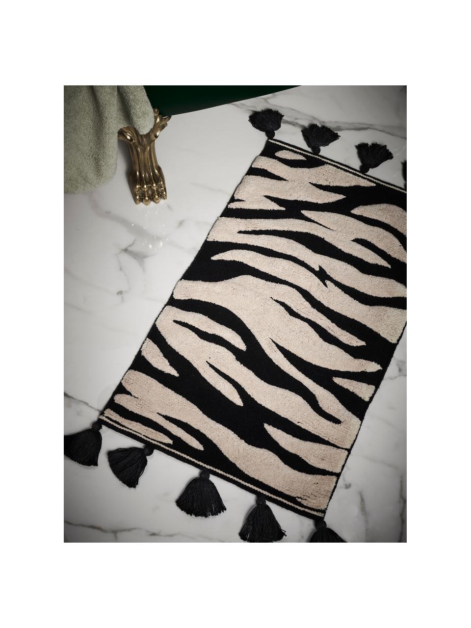 Tappeto bagno con motivo zebra e nappe Lovely, 100% cotone, certificato Oeko-Tex®, Bianco crema, nero, Larg. 50 x Lung. 80 cm