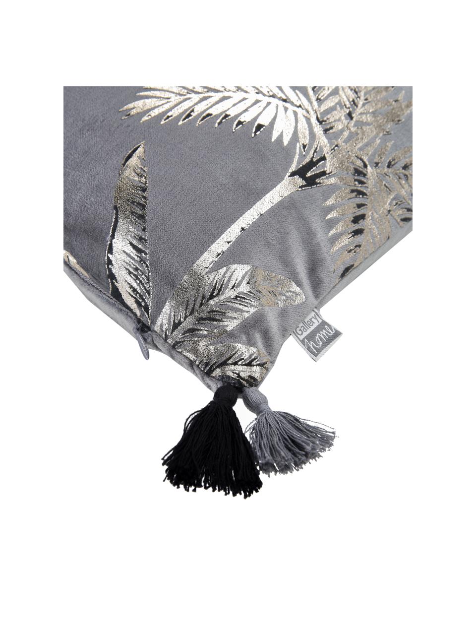 Fluwelen kussen Palm met glanzend print, met vulling, Grijs, 30 x 50 cm