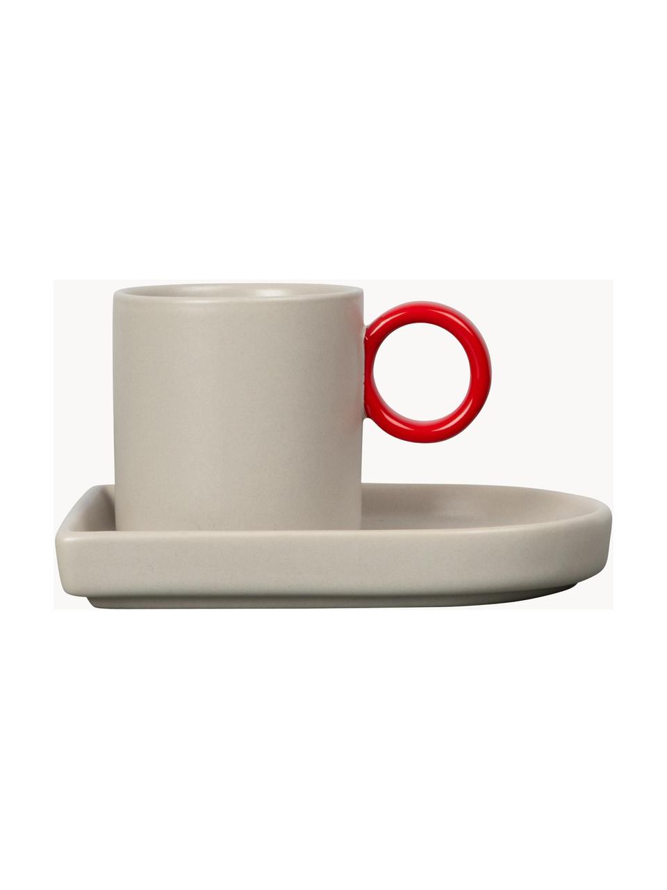 Porseleinen espressokopjes met schoteltjes Niki, 2 stuks, Porselein, Greige, rood, Ø 6 x H 6 cm, 80 ml