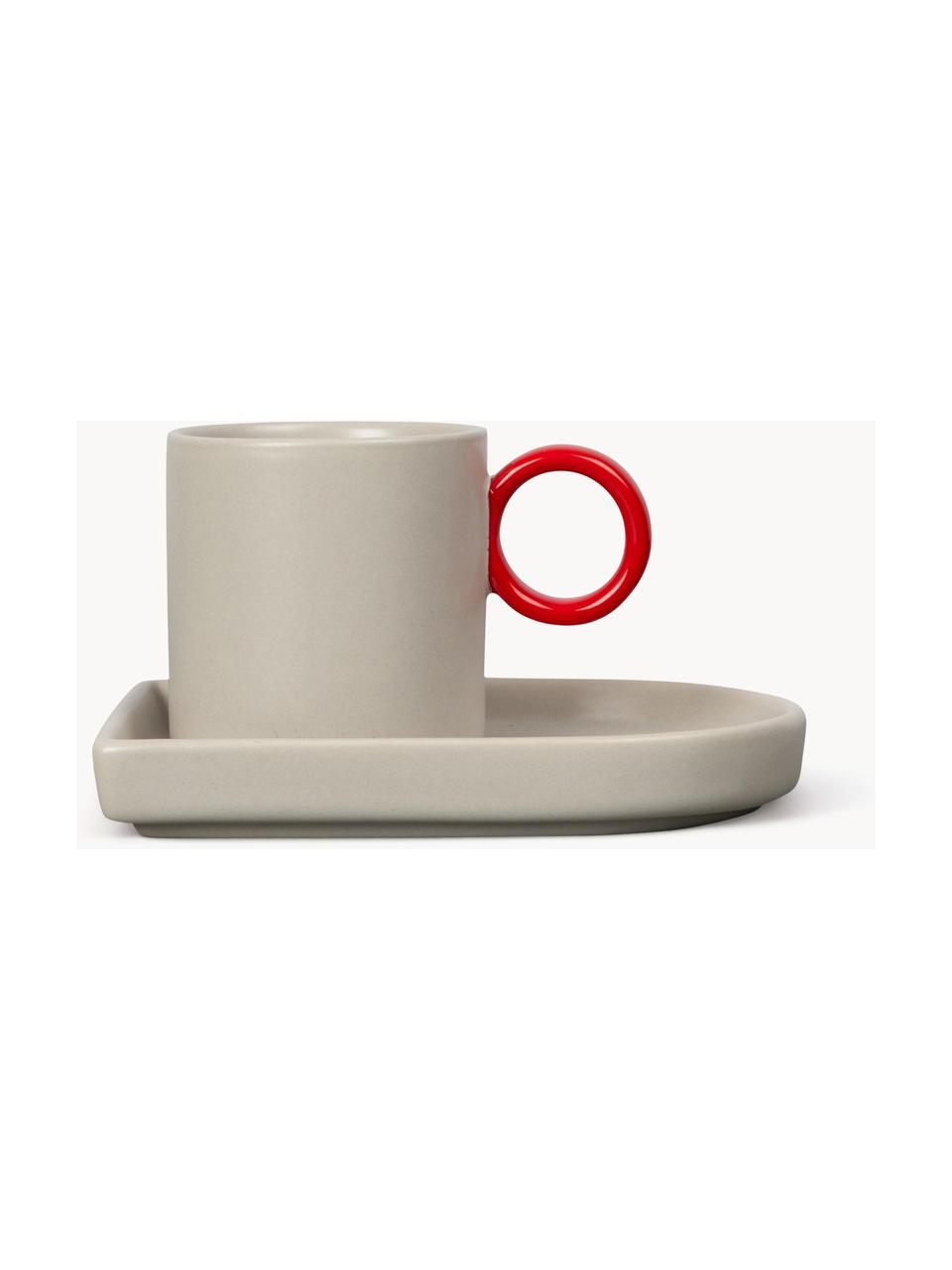 Tazas espresso con platitos de porcelana Niki, 2 uds., Porcelana, Greige, rojo, Ø 6 x Al 6 cm, 80 ml