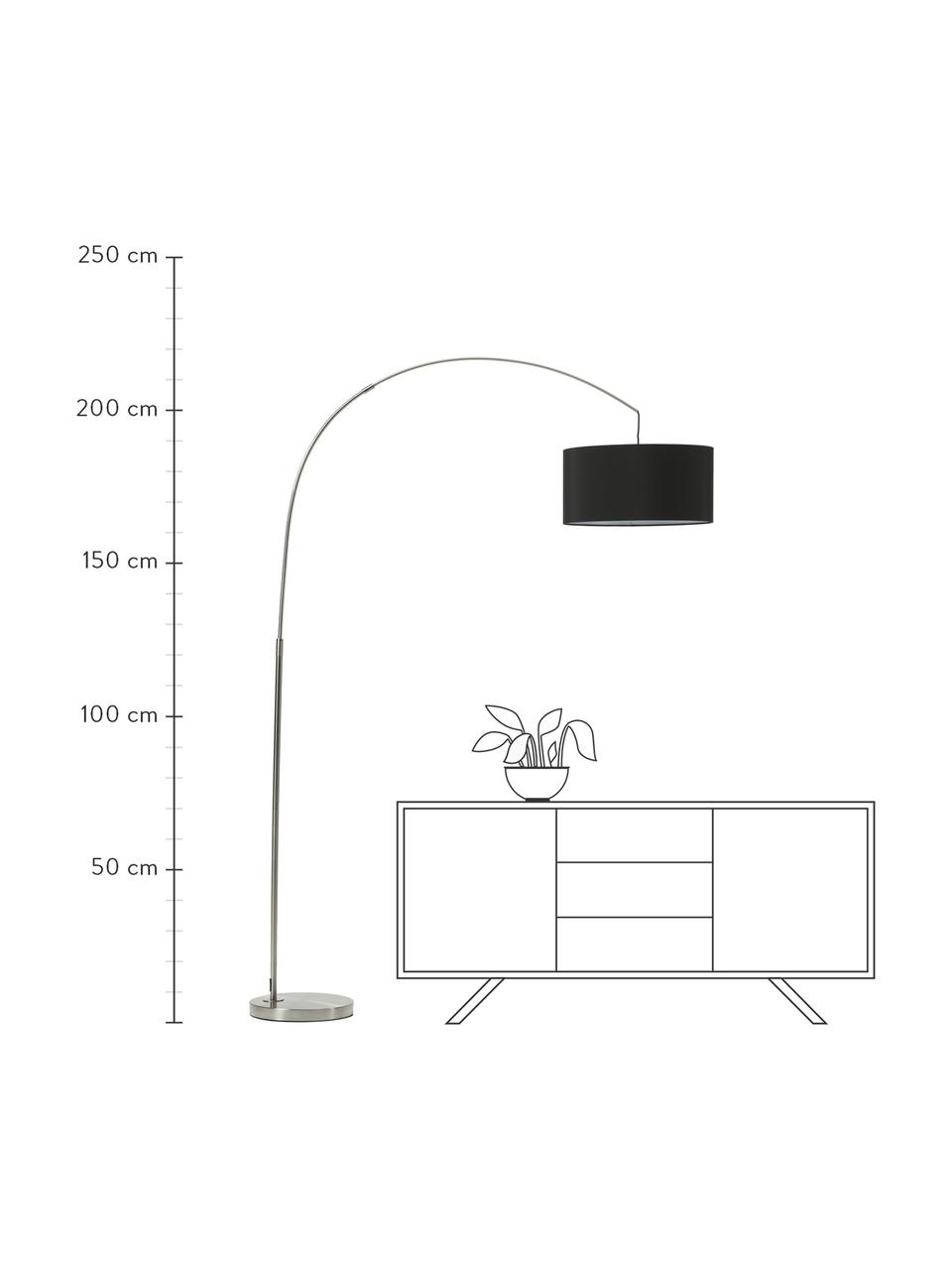Lámpara arco grande Niels, Pantalla: tela, Cable: cubierto en tela, Cromo, negro, Ø 50 x Al 218 cm