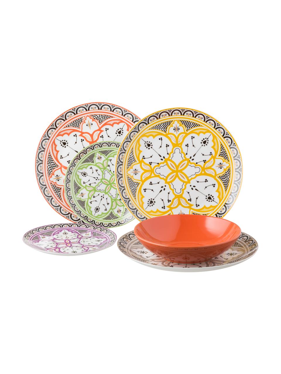 Vajilla de colores estampada Marocco, 6 comensales (18 pzas.), Multicolor, Set de diferentes tamaños