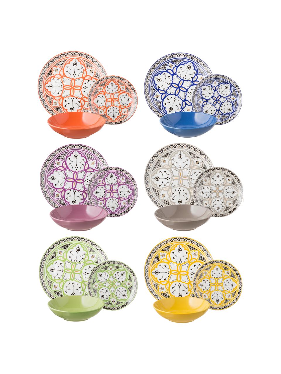 Vajilla de colores estampada Marocco, 6 comensales (18 pzas.), Multicolor, Set de diferentes tamaños