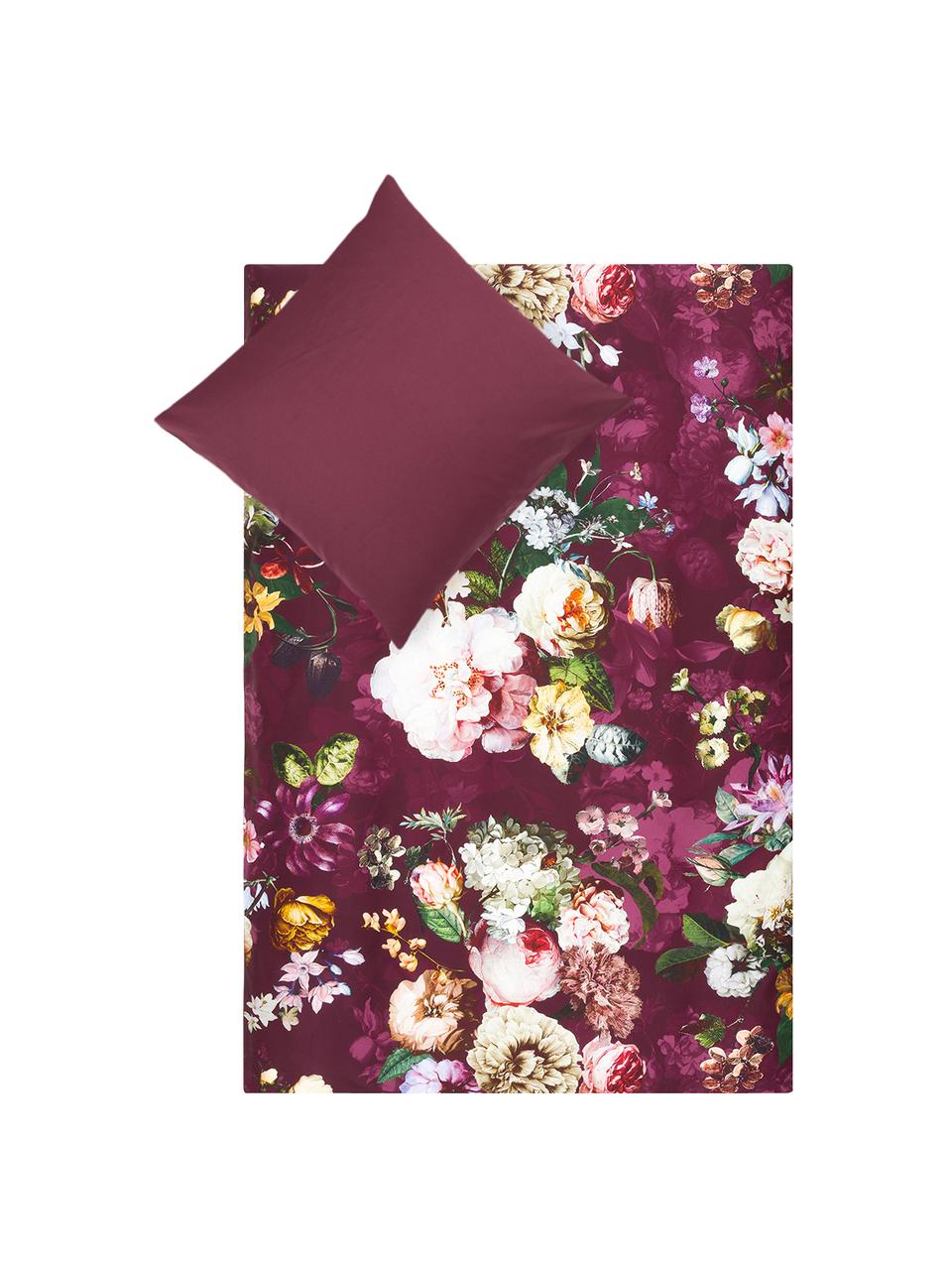 Baumwollsatin-Bettwäsche Fleur mit Blumen-Muster, Webart: Satin Fadendichte 209 TC,, Vorderseite: Burgund, Weiss, Gelb; Rückseite: Burgund, 135 x 200 cm + 1 Kissen 80 x 80 cm