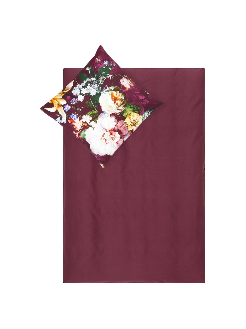 Baumwollsatin-Bettwäsche Fleur mit Blumen-Muster, Webart: Satin Fadendichte 209 TC,, Vorderseite: Burgund, Weiß, Gelb; Rückseite: Burgund, 135 x 200 cm + 1 Kissen 80 x 80 cm