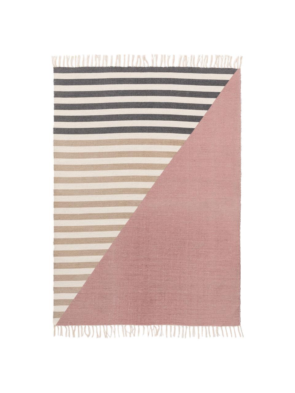 Tapis en laine rose à franges Oasis, Rose, beige, taupe