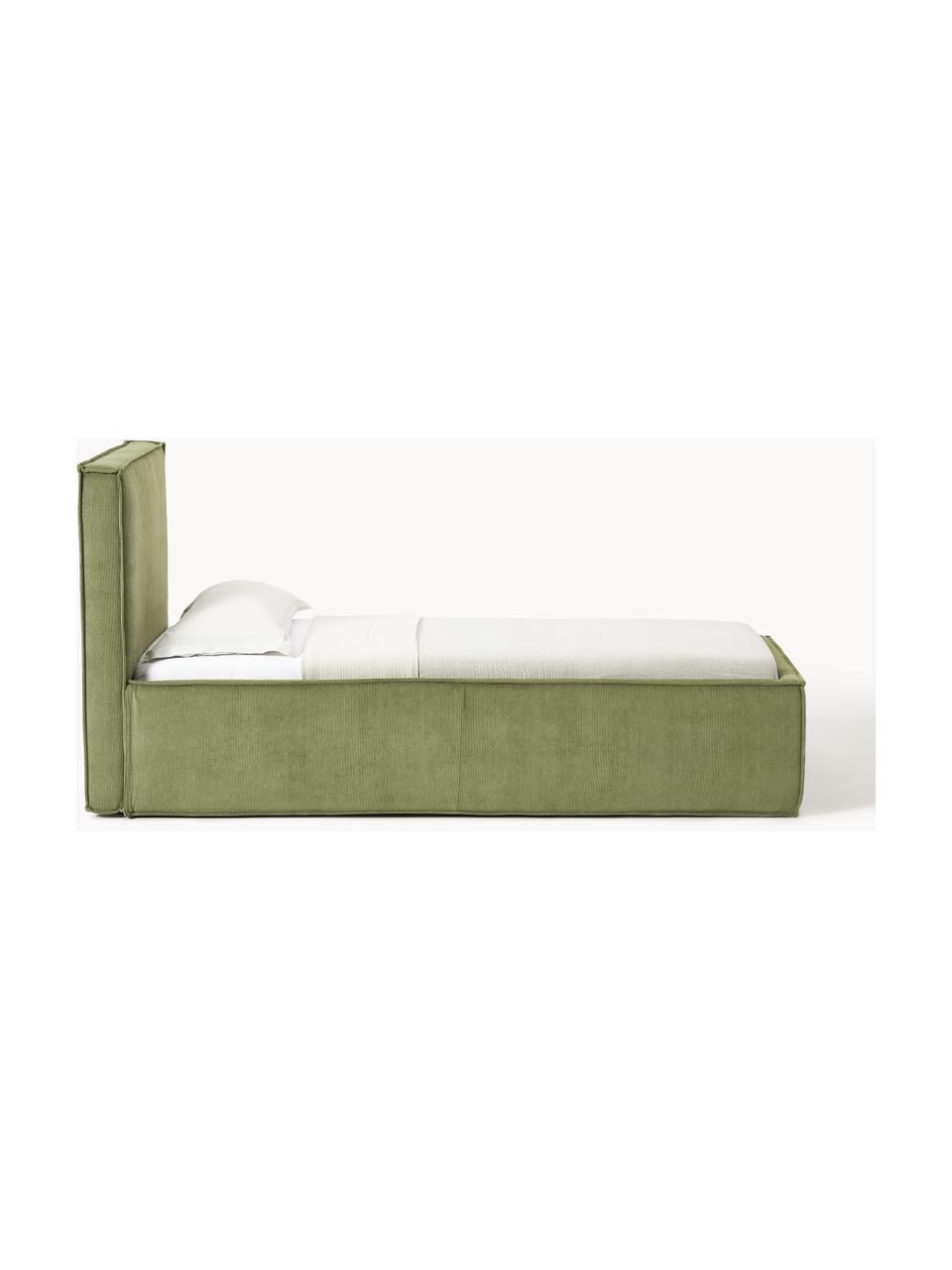 Cama tapizada de pana con espacio de almacenaje Dream, Tapizado: pana (92% poliéster, 8% p, Cuerpo: madera de pícea maciza, a, Pana verde oliva, An 90 x L 200 cm