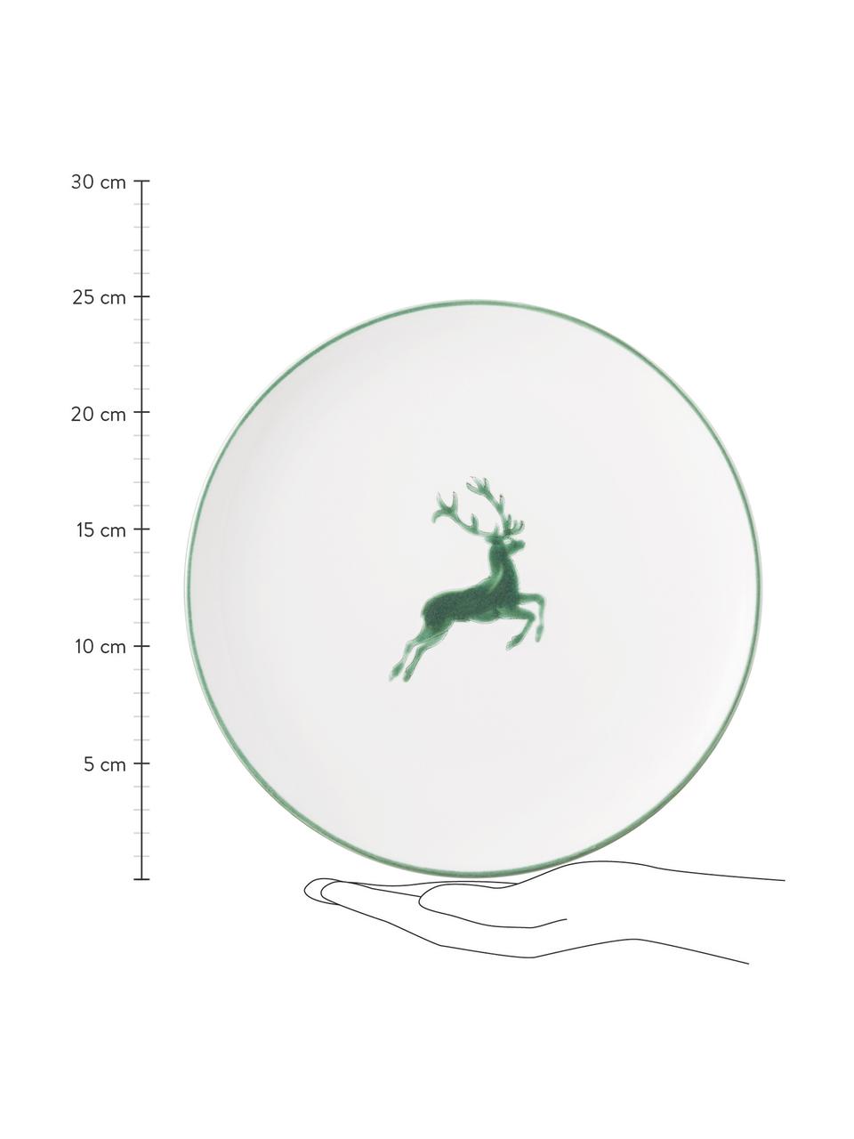 Ręcznie malowany talerz duży Grüner Hirsch, Ceramika, Biały, zielony, Ø 25 cm