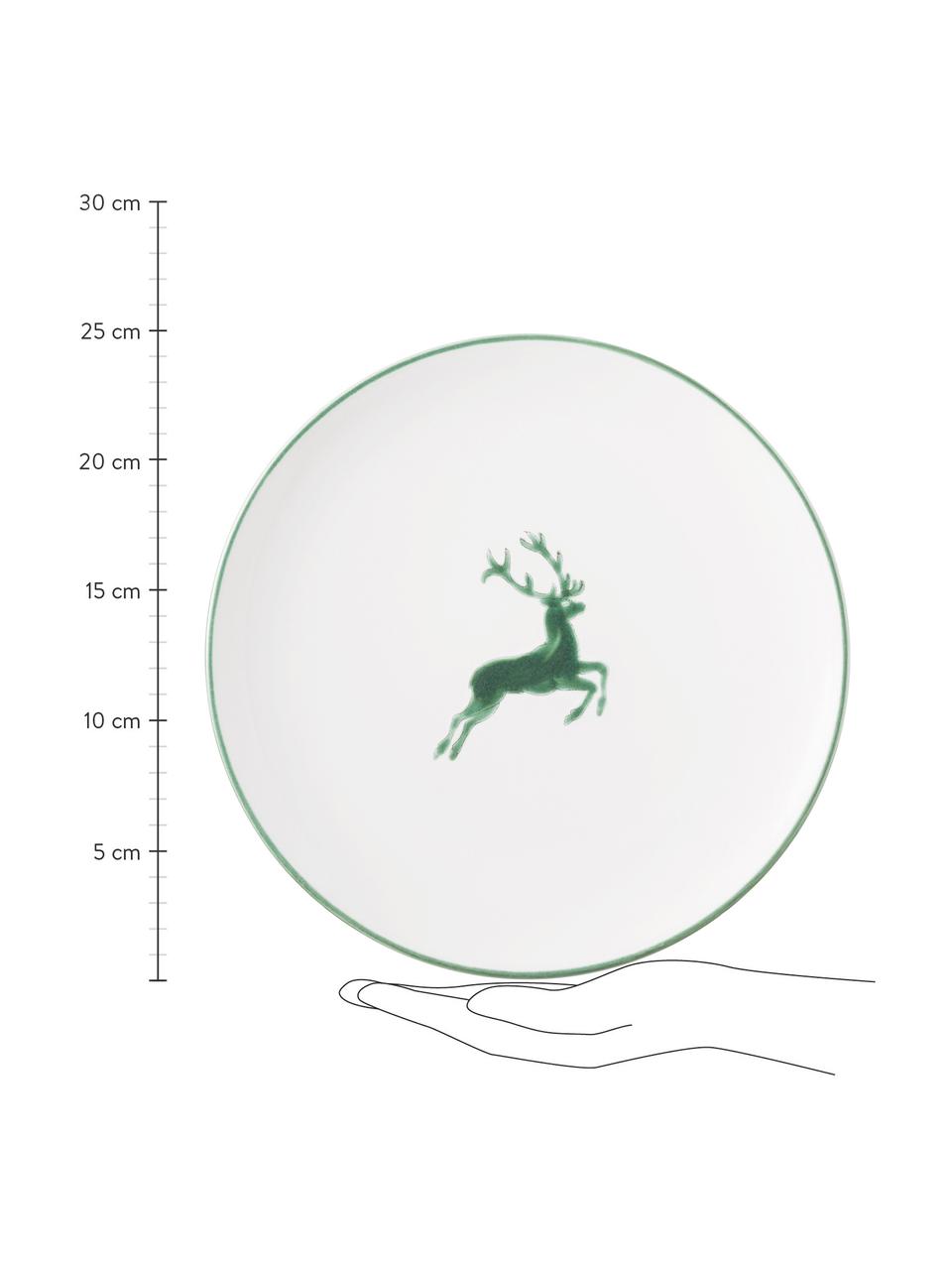 Ručne maľovaný plytký tanier Grüner Hirsch, Keramika, Biela, zelená, Ø 25 cm