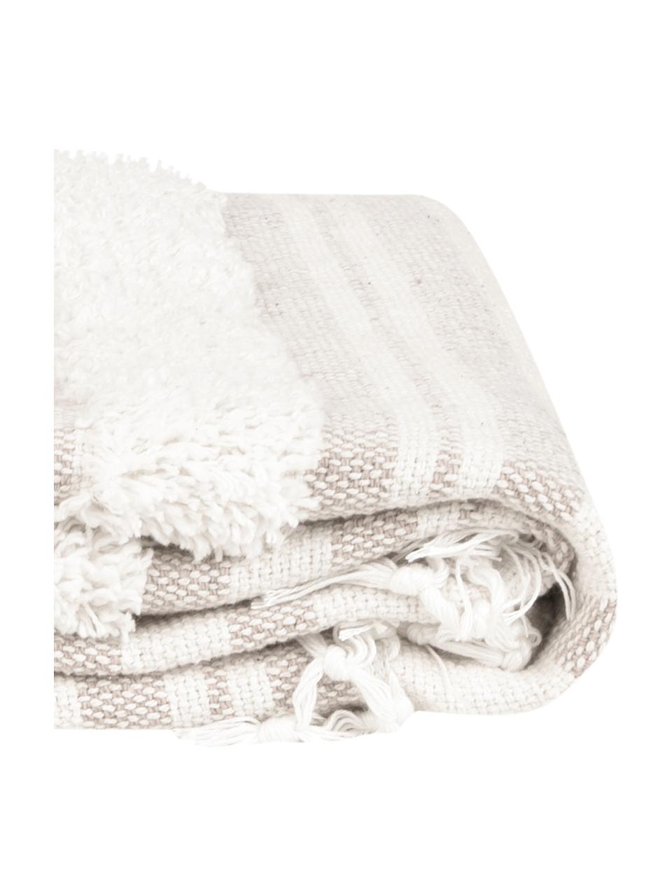 Plaid boho in cotone color crema/beige con frange Nara, 100% cotone, Bianco crema, beige, Larg. 130 x Lung. 170 cm