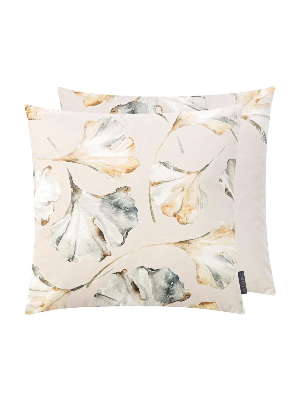 Dubbelzijdige fluwelen kussenhoes Flores met ginkgo-print, 100% polyester fluweel, Beige, multicolour, B 50 x L 50 cm