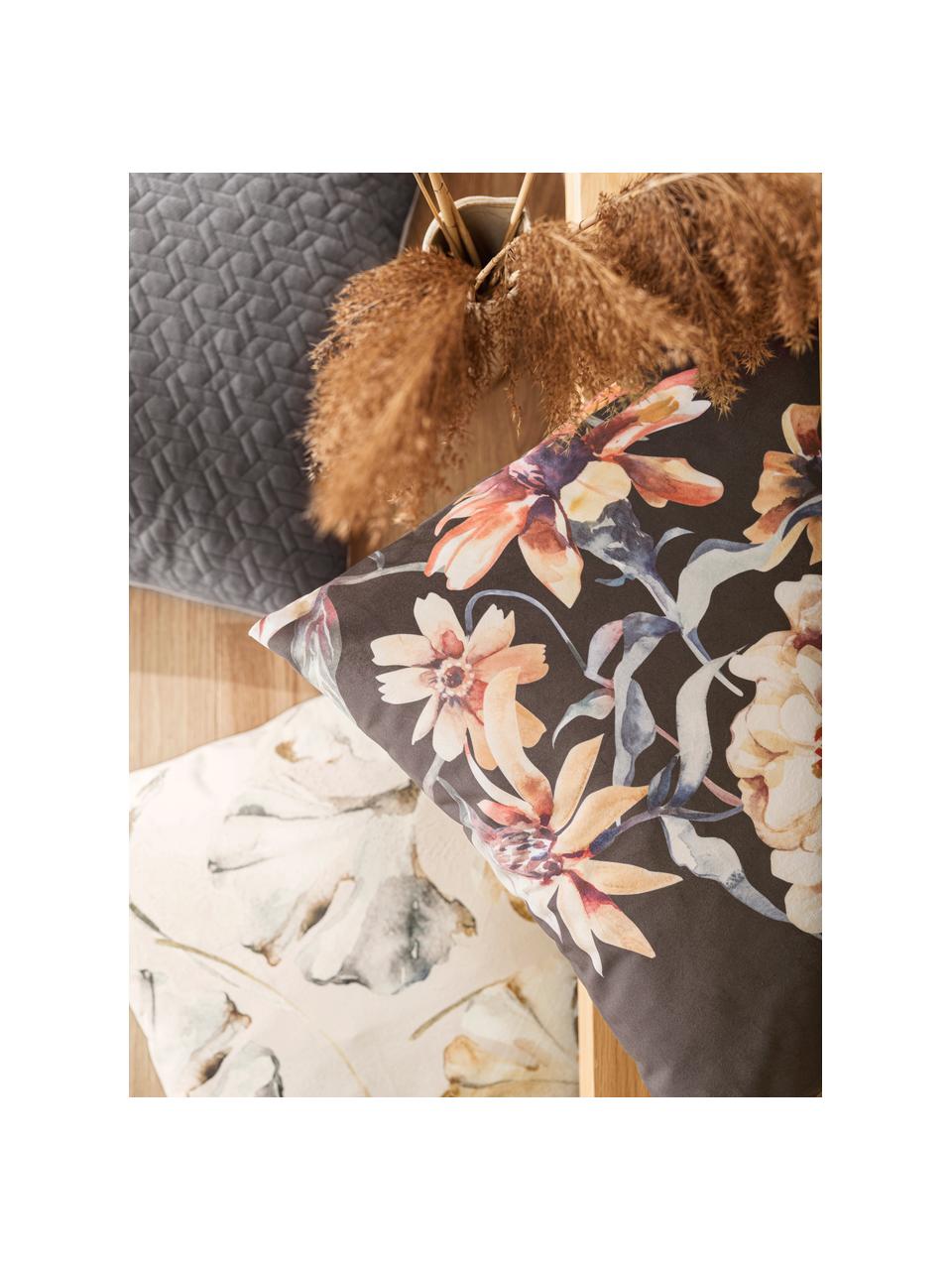 Dubbelzijdige fluwelen kussenhoes Flores met ginkgo-print, 100% polyester fluweel, Beige, multicolour, B 50 x L 50 cm