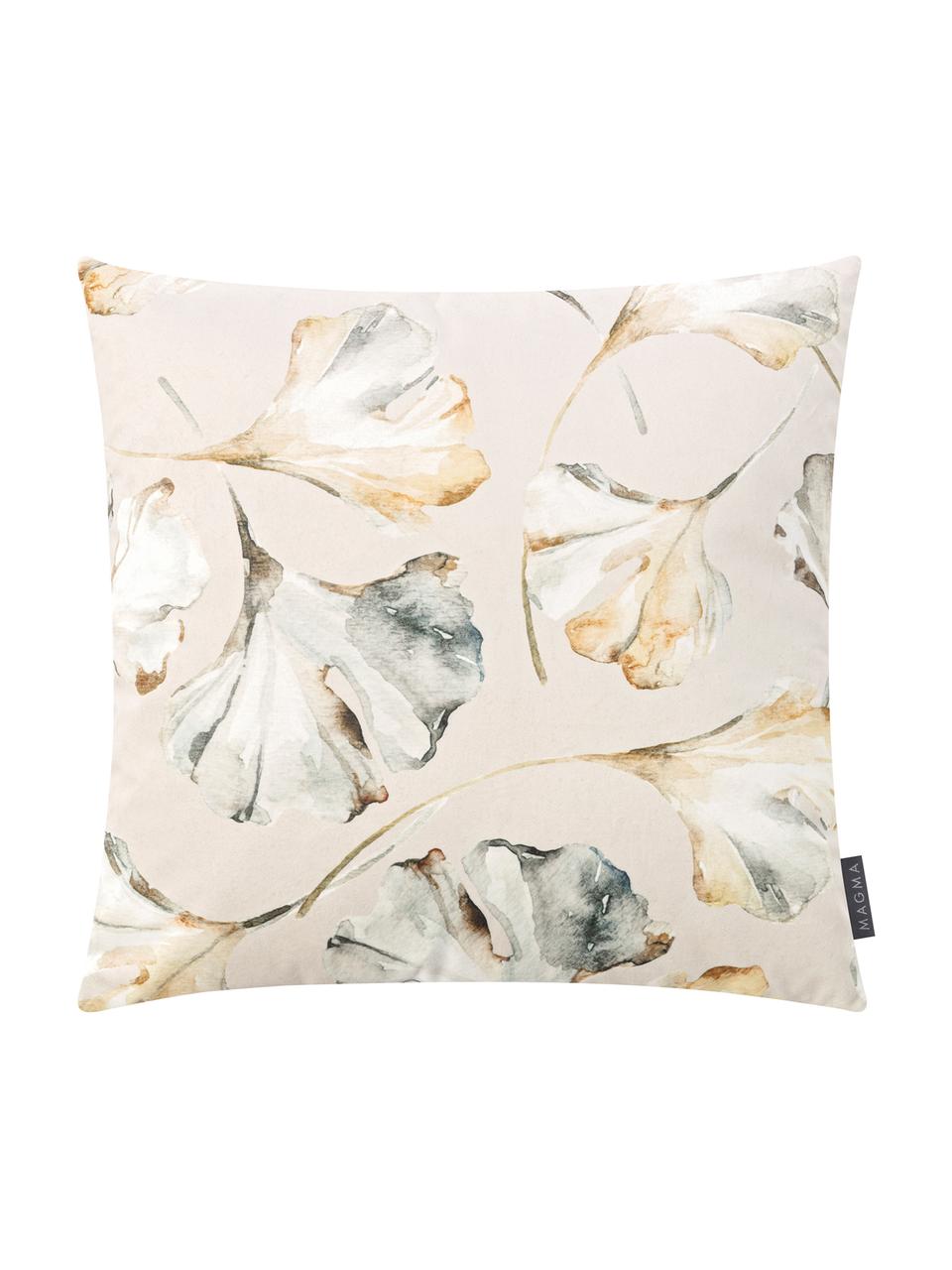 Dubbelzijdige fluwelen kussenhoes Flores met ginkgo-print, 100% polyester fluweel, Beige, multicolour, B 50 x L 50 cm