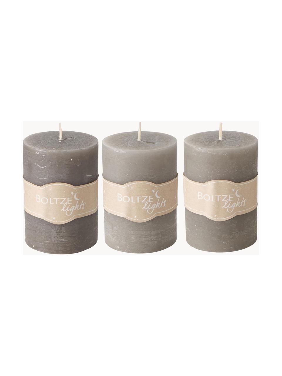 Set 3 candele pilastro Trent, 100% cera paraffinica, Grigio, Ø 7 x Alt. 10 cm