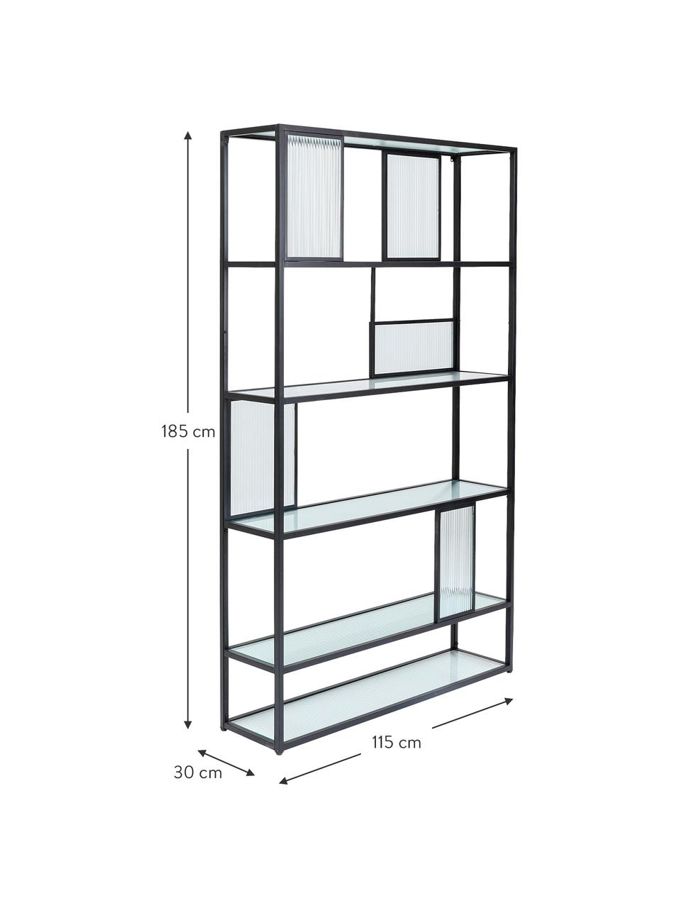 Metall-Standregal Skyler mit Glasplatten, Gestell: Metall, pulverbeschichtet, Schwarz, 115 x 185 cm