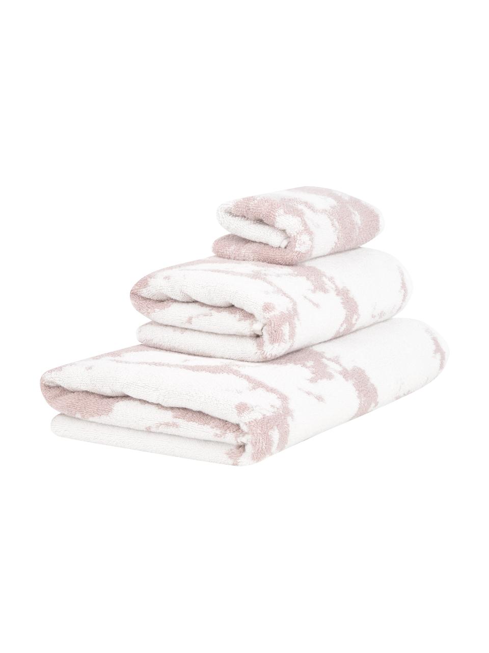 Set de toallas con estampado mármol Marmo, 3 uds., Rosa, blanco crema, Set de diferentes tamaños