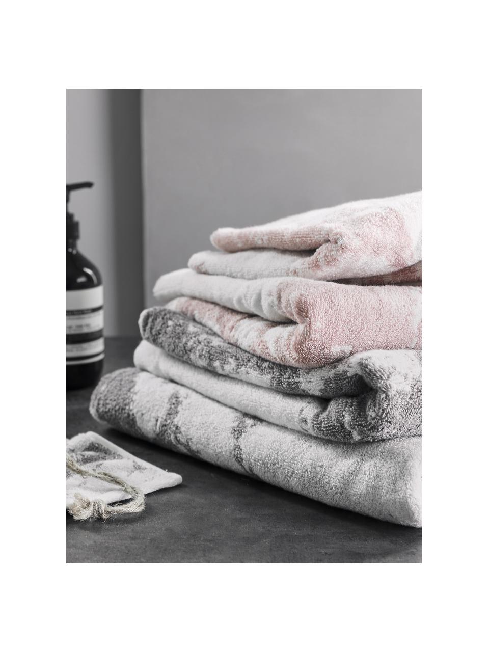 Komplet ręczników z bawełny Marmo, 3 elem., Blady różowy, kremowobiały, z marmurowym nadrukiem, Komplet z różnymi rozmiarami
