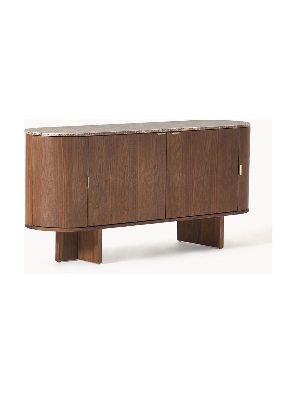 Holz-Sideboard Zumi mit abgerundeten Ecken und Marmorplatte, Korpus: Mitteldichte Holzfaserpla, Ablagefläche: Marmor, Griffe: Metall, Walnussholz lackiert, Braun marmoriert, B 160 x H 75 cm