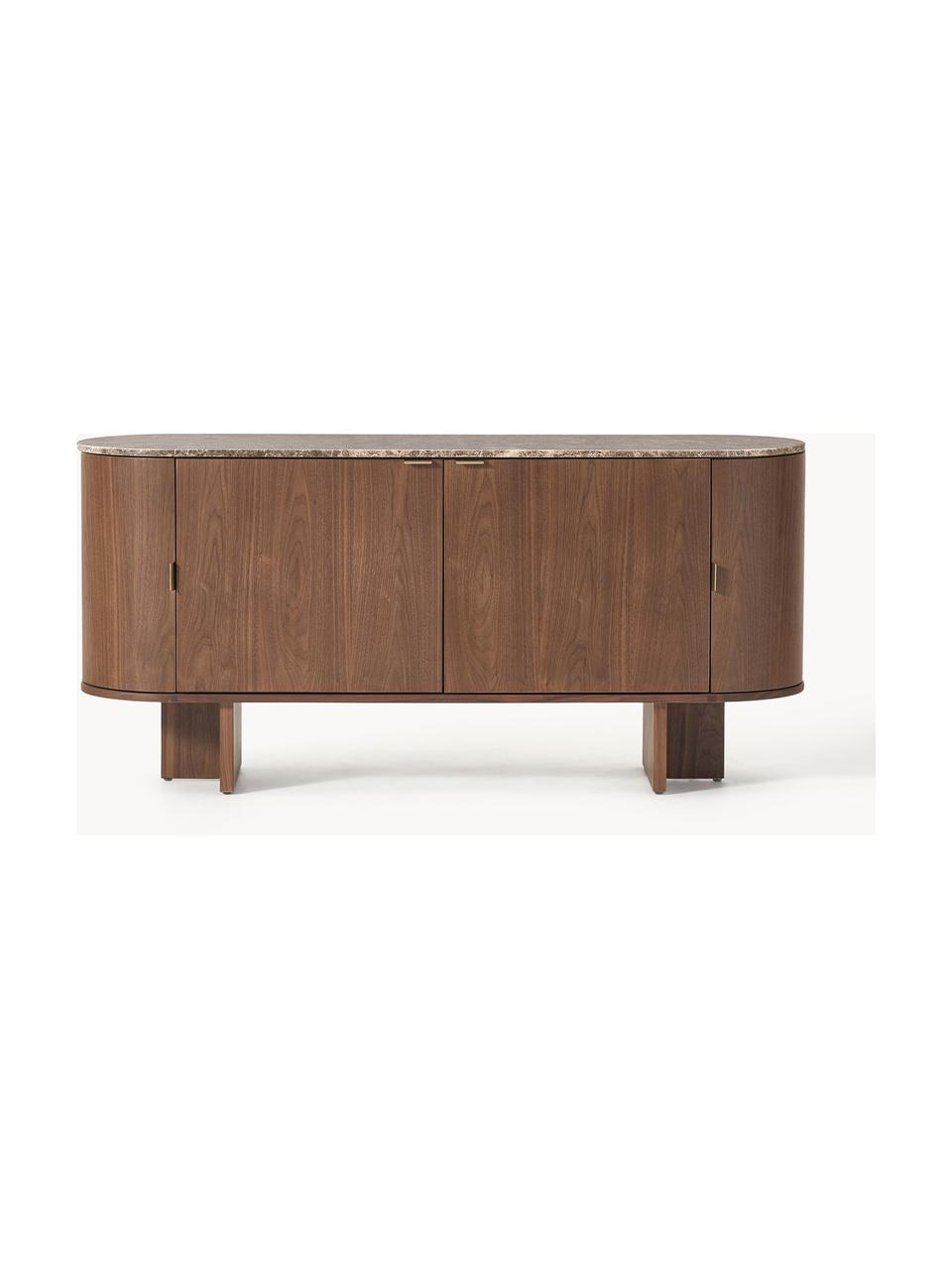 Holz-Sideboard Zumi mit abgerundeten Ecken und Marmorplatte, Korpus: Mitteldichte Holzfaserpla, Ablagefläche: Marmor, Griffe: Metall, Walnussholz lackiert, Braun marmoriert, B 160 x H 75 cm