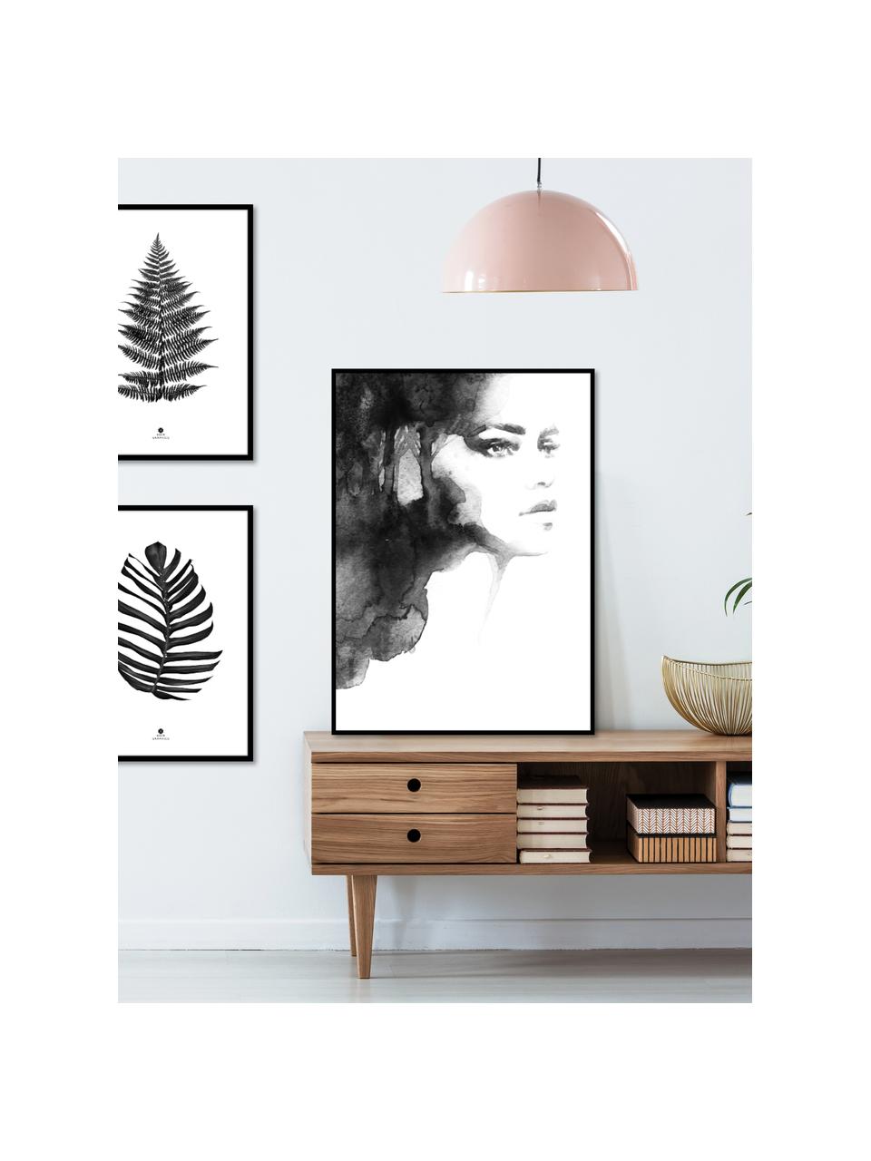 Ingelijste digitale print Jungle Leaf Black, Afbeelding: digitale druk op papier (, Lijst: gelakt HDF, Zwart, wit, 30 x 40 cm