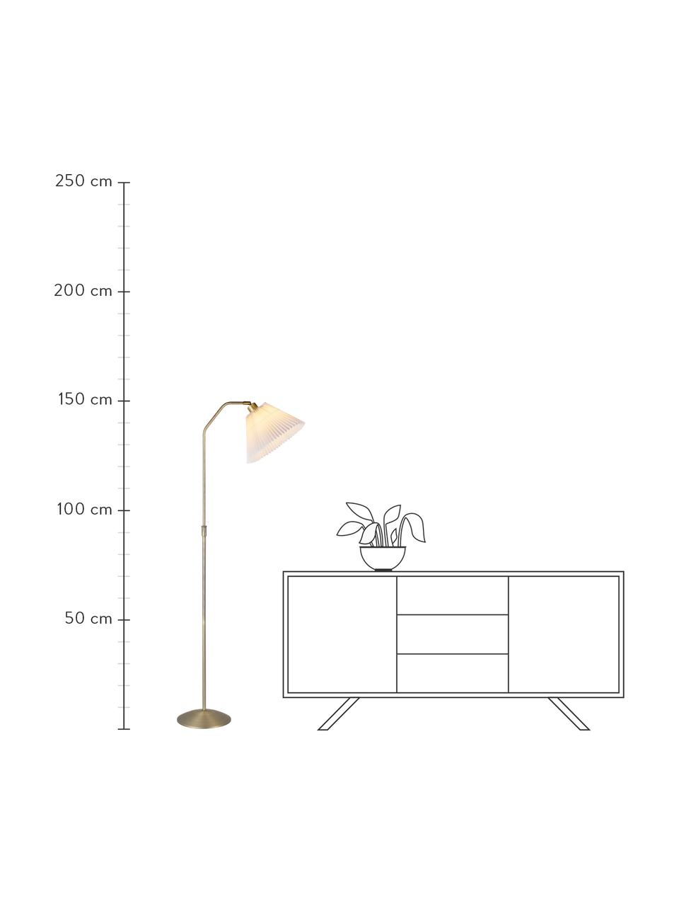 Vloerlamp Berlin met plissé lampenkap, Lampenkap: kunststof, Lampvoet: metaal, Messingkleurig, wit, Ø 32 x H 150 cm