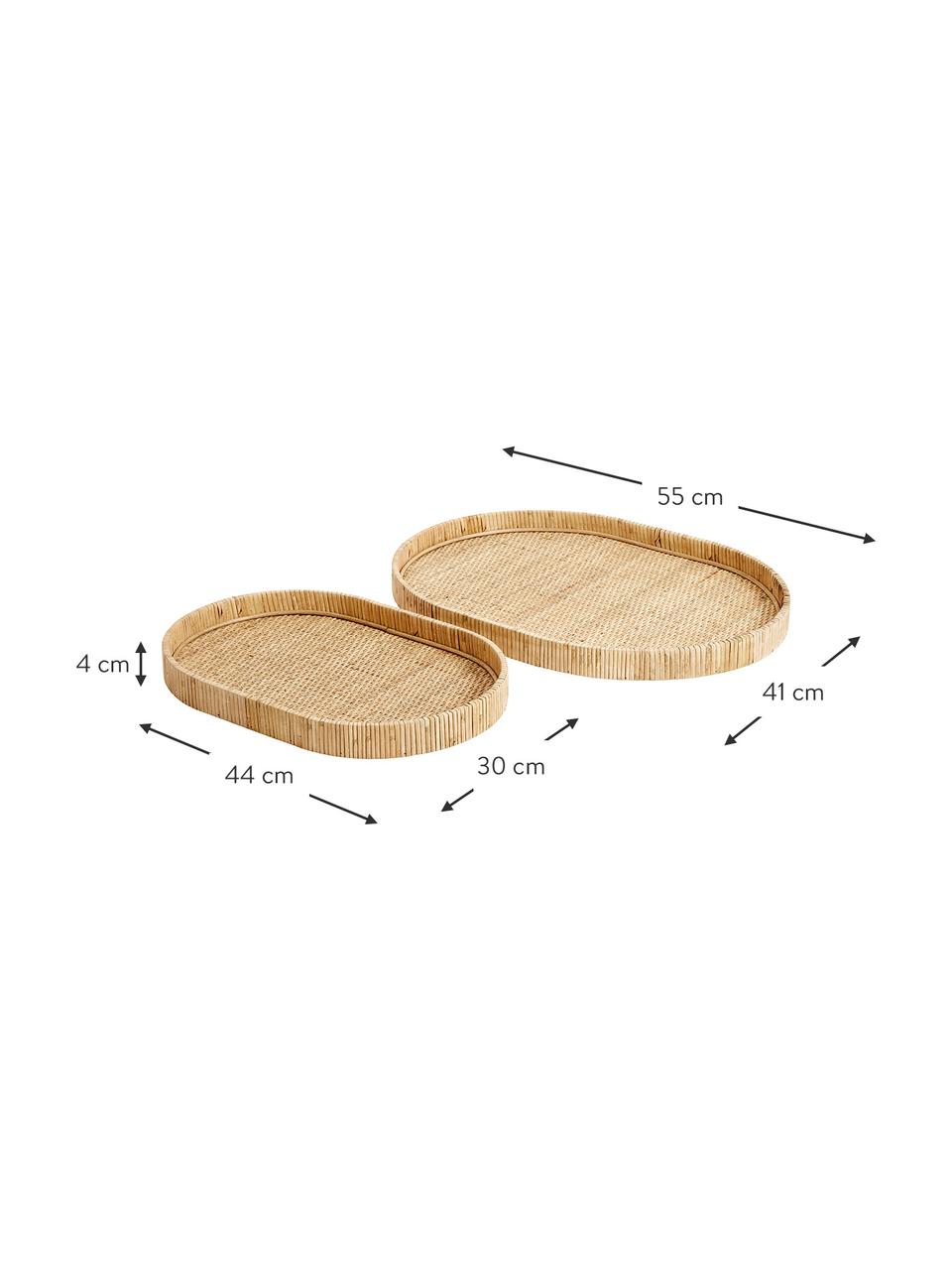 Ovale Serviertabletts Fuji, verschiedene Größen, 2er-Set, 50% Rattan, 50% Sperrholz, Hellbraun, Set mit verschiedenen Größen