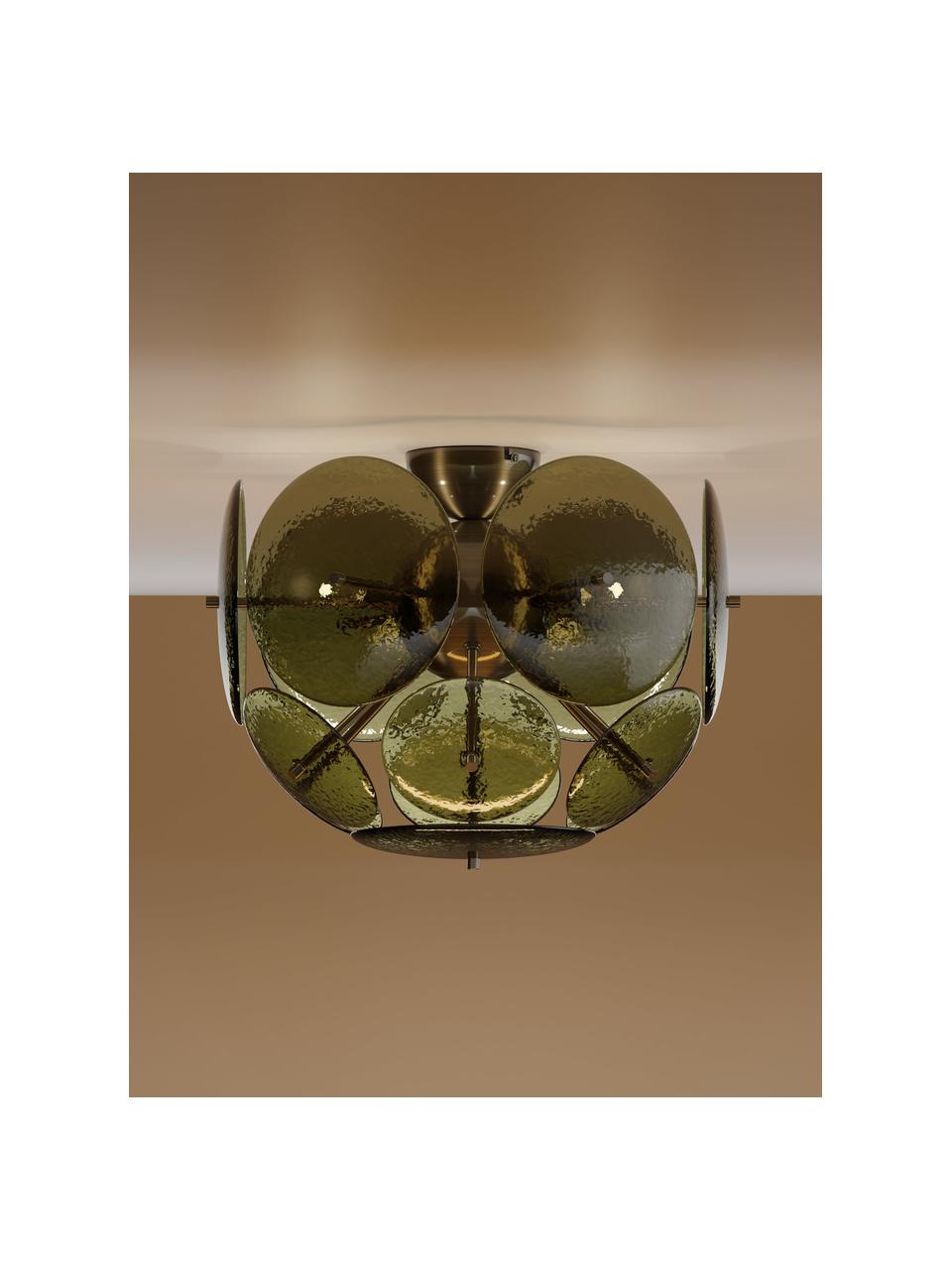 Plafonnier de verre Mireille, Vert olive, doré, larg. 40 x haut. 36 cm